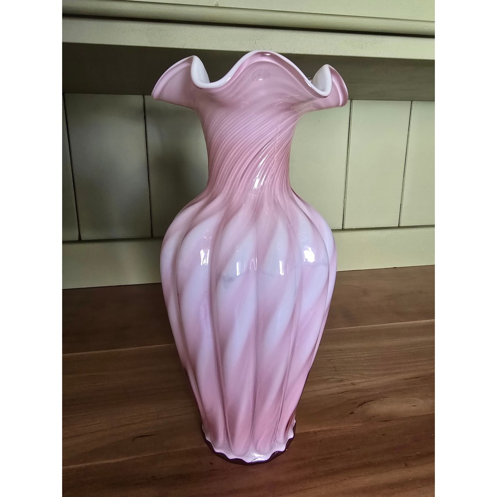 Vintage Pink Swirl Art Glass Vase Ruffled Edge Fenton Statement Piece